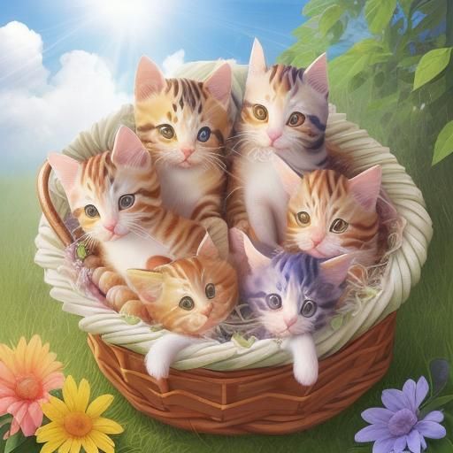 Playful Kittens in Sunlight-Filled Wicker Basket