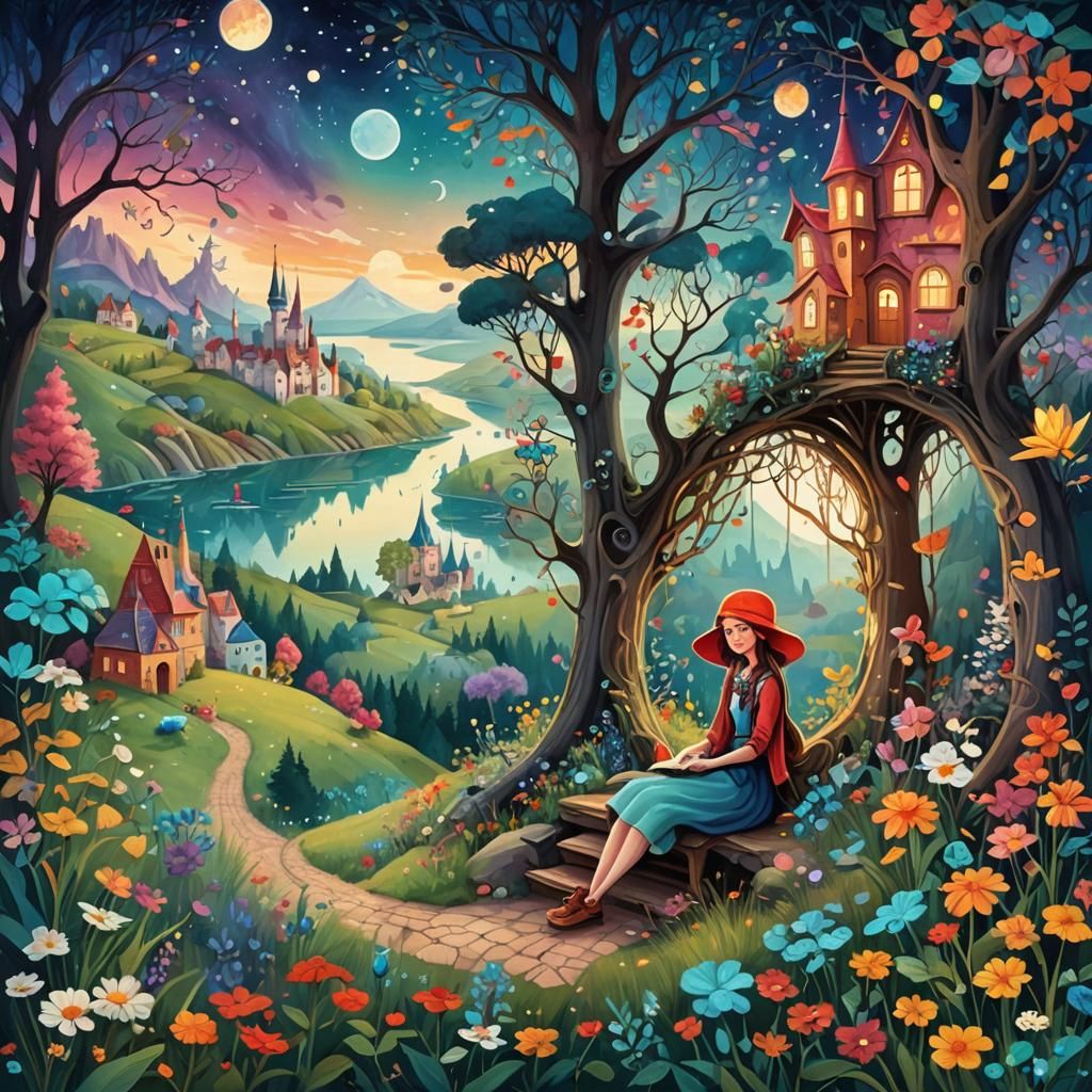 Enchanting Fairytale Landscape Illustration in Magic Realism...