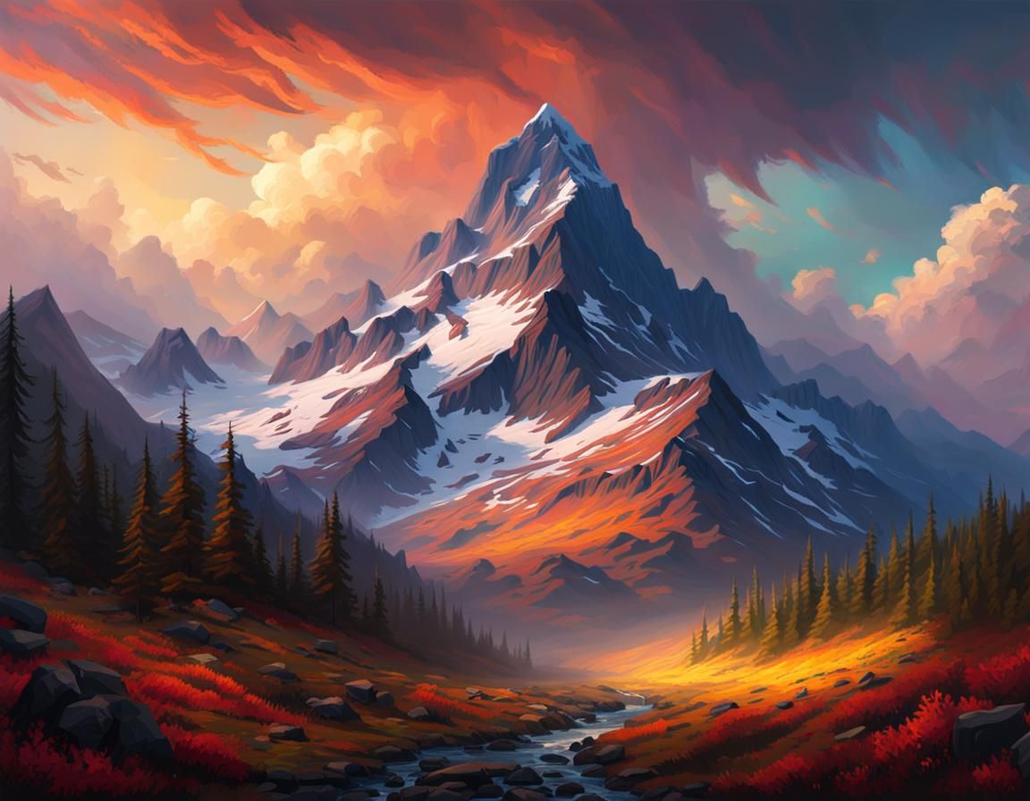 Impressionistic Mountain Illustration with Wide Aspect Ratio