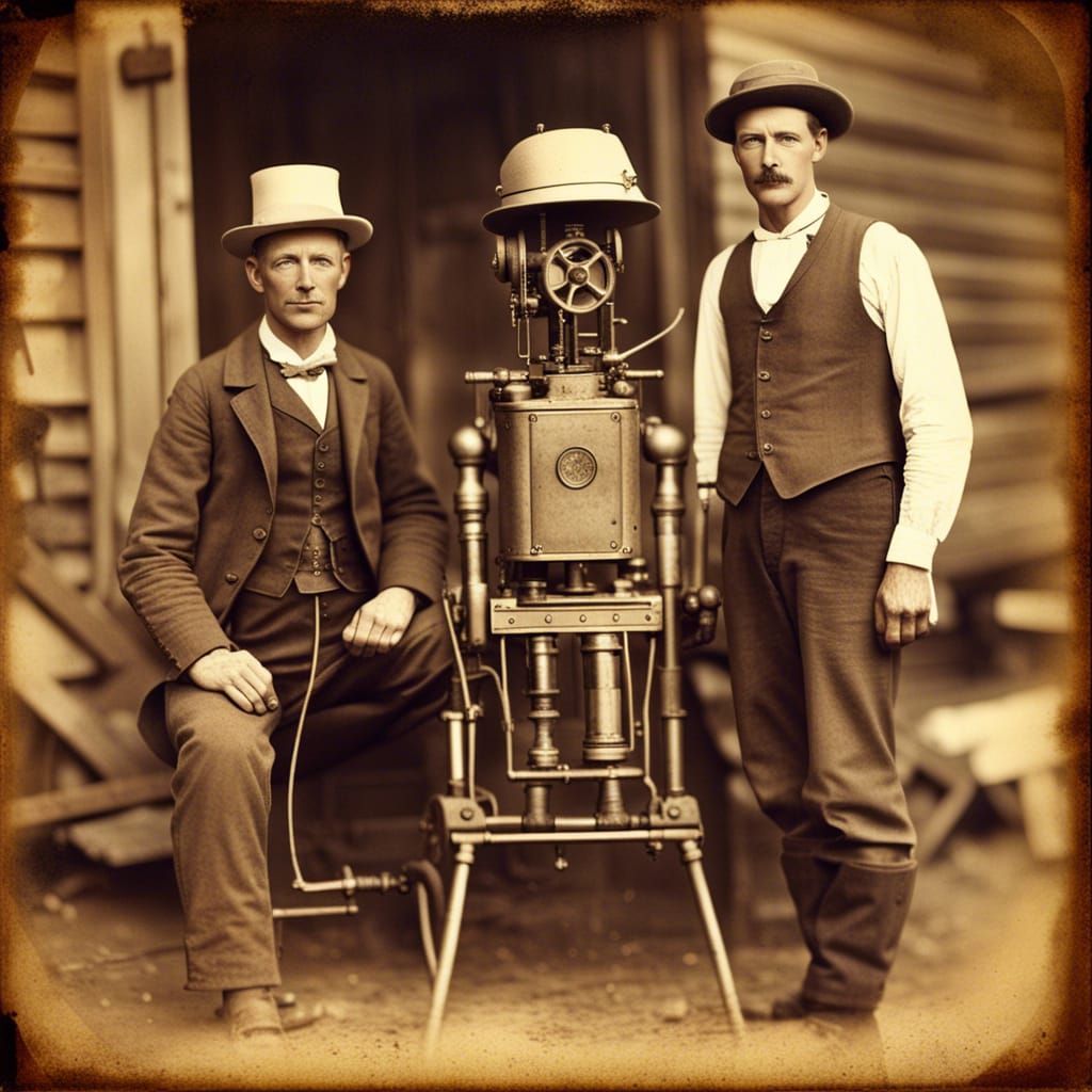 Steampunk Farmer and Robot in Tin-Type Photo