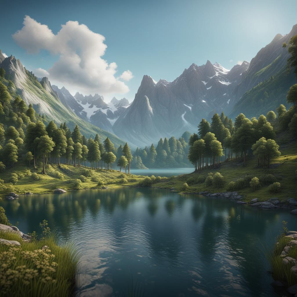 Lake Surrounded by Mountains: 8k Detailed Matte Painting