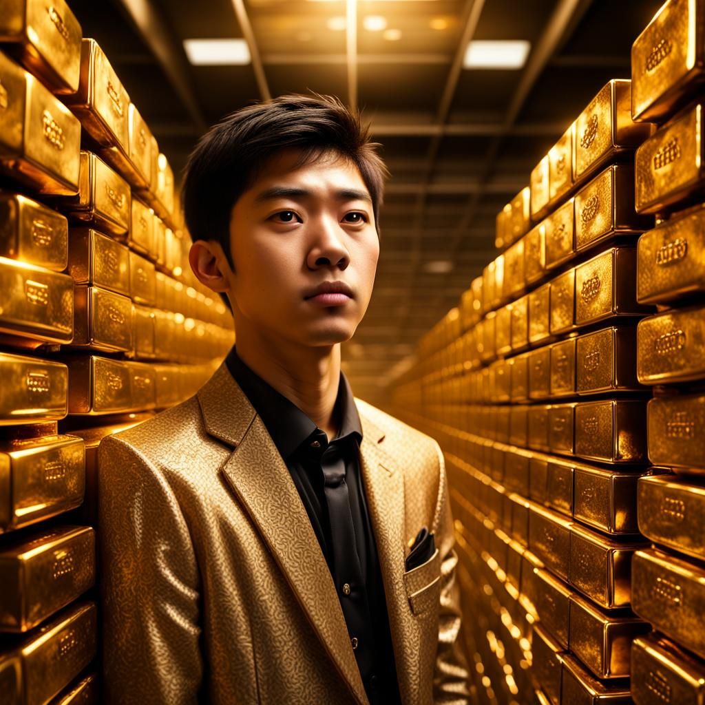 Asian Teenage Billionaire in Gold Vault: Hyperrealistic Phot...