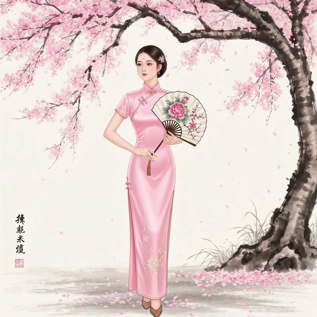 Woman in Pink Qipao Under Cherry Blossoms