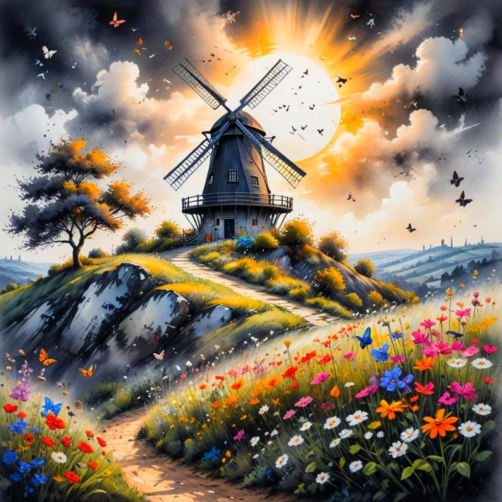 Fairytale Village Windmill with Butterflies in Sunlit Scene