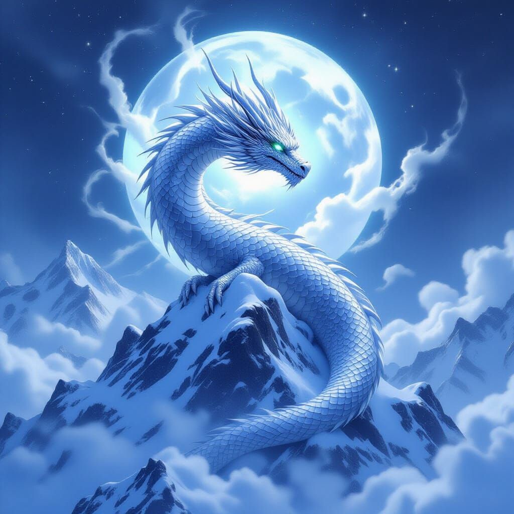 Silver Dragon Coiled on Snow Peak in Art Nouveau Style