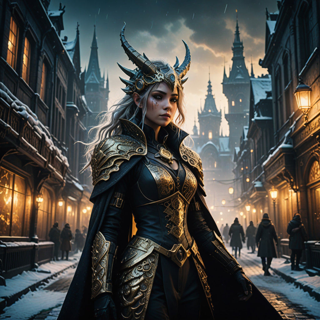 Gyaru Dragon Reigns Over Cyberpunk Metropolis in Golden Ligh...