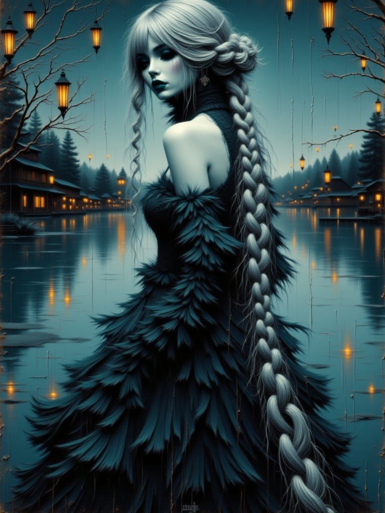 Woman Portrait with Luminous Contrasts and Silver Braids