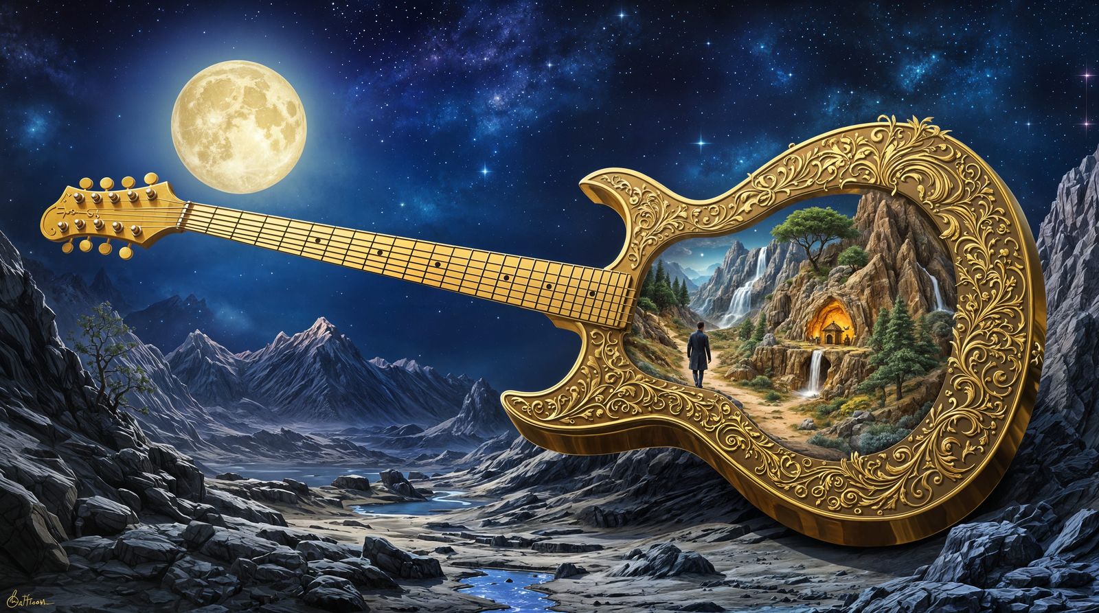 Surreal Golden Guitar Containing Miniature Mountainside Scen...