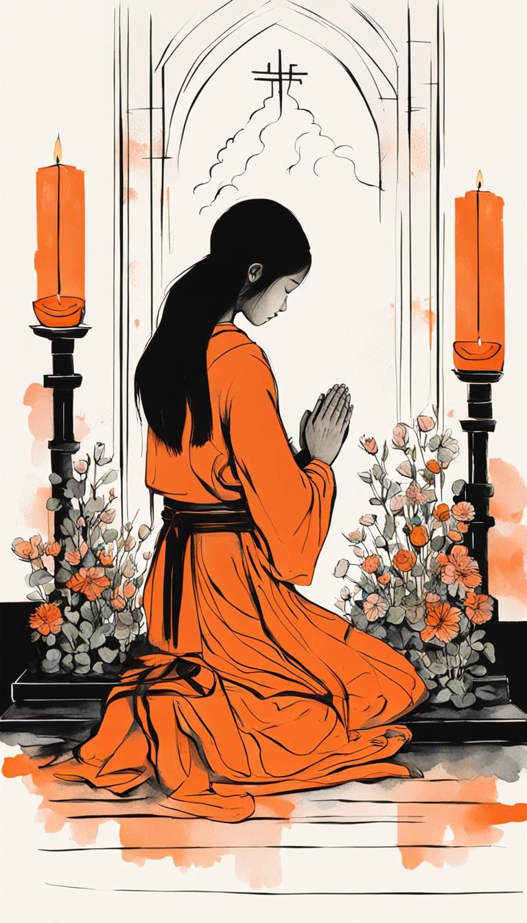 Minimalist Ink Painting of Girl Praying