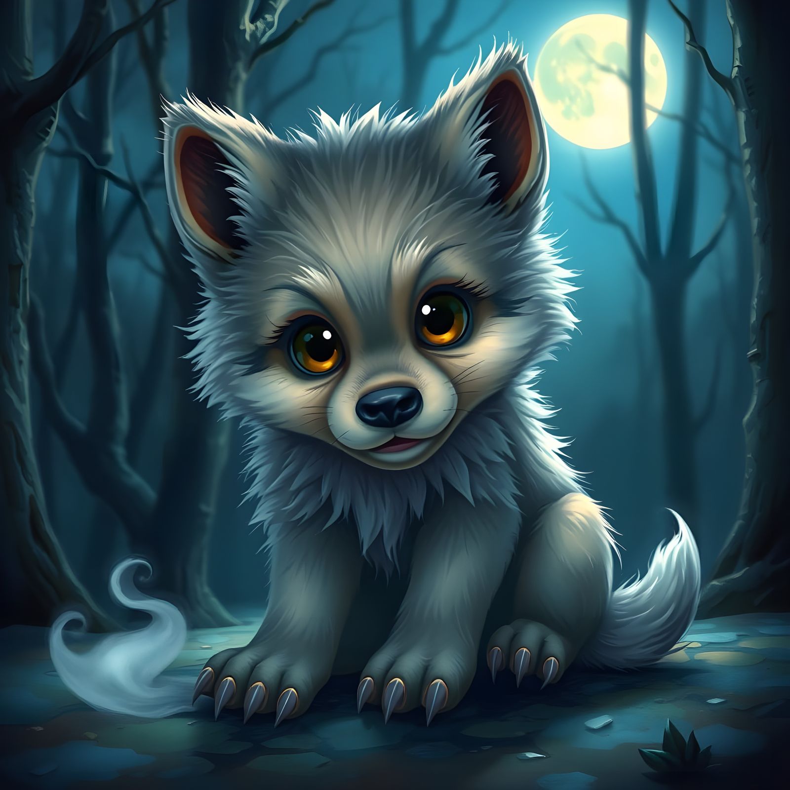 Fluffy Werewolf Puppy in Moonlit Forest
