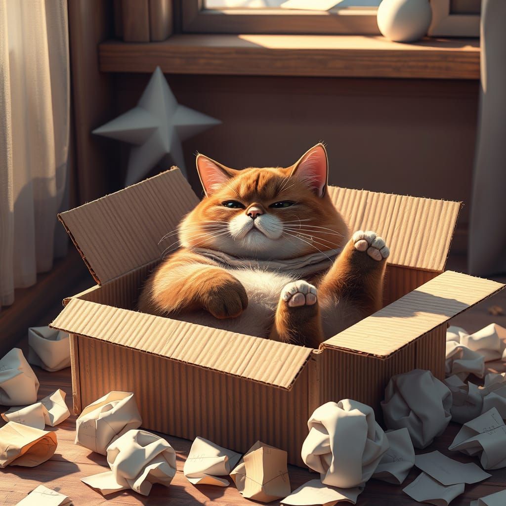 Chubby Cat in Cozy Cardboard Hideaway