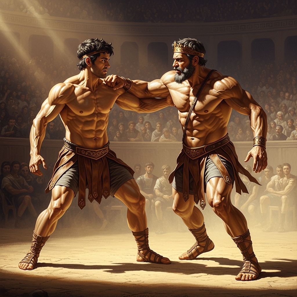 Theseus Wrestles King Cercyon in Ancient Greek Arena