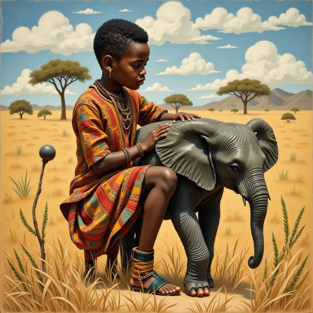 Boy and Elephant on Savannah, Folk Art Style