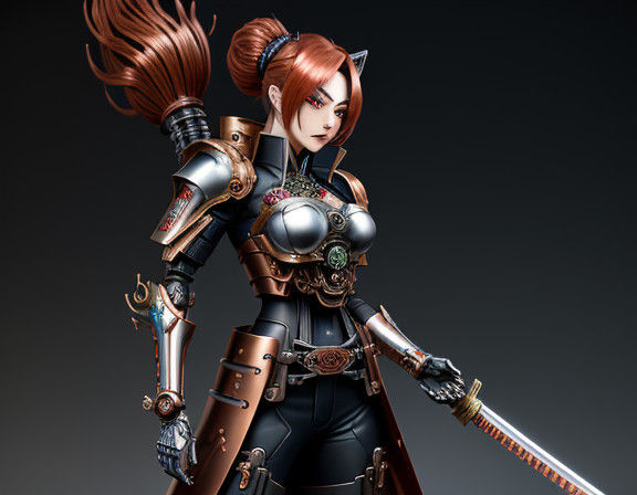 Metallic Samurai Neko Android Steampunk Warrior in Kimono