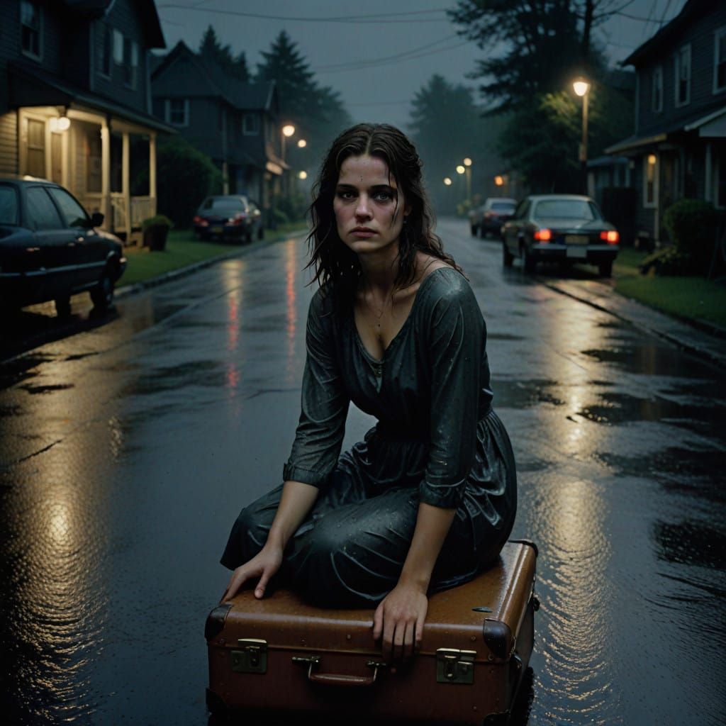 Moody Young Woman on Rainy Night, Gazing Directly into Camer...