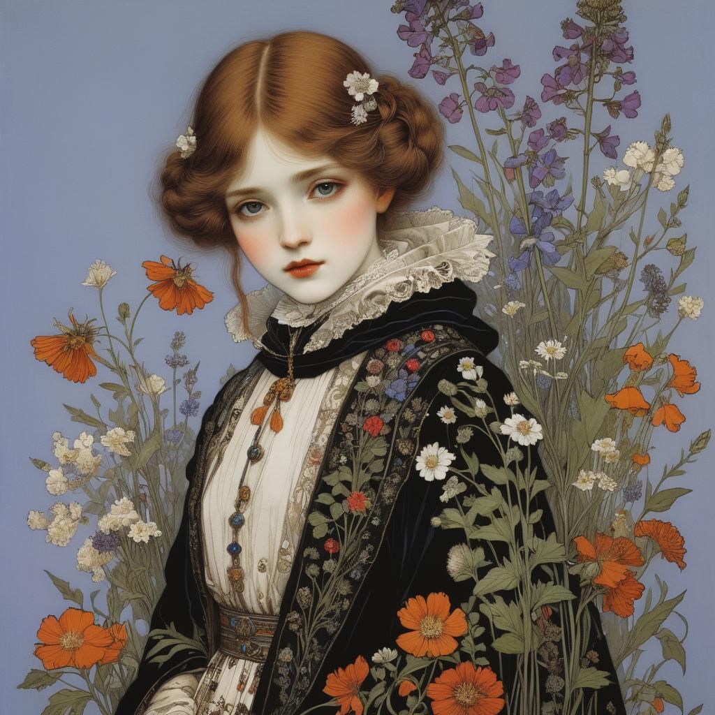 Detailed Portrait of a Young Girl Surrounded by Vibrant Wild...