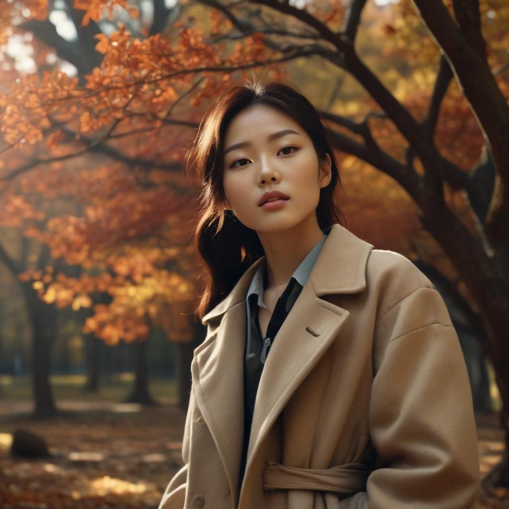 Stylish Korean Model in Autumn Park