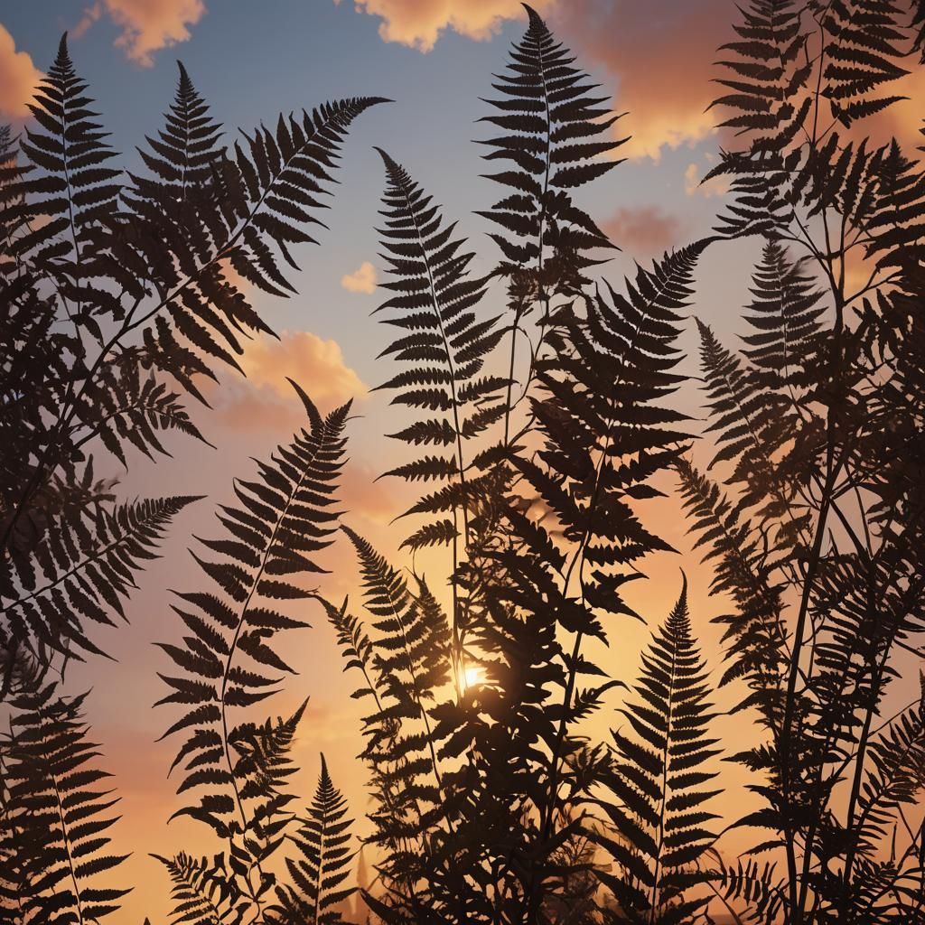 Fern Silhouettes Against Sunset Sky: Fantasy Concept Art