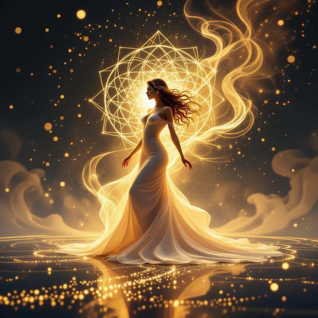 Ethereal Figure Dissolves Into Golden Light Particles