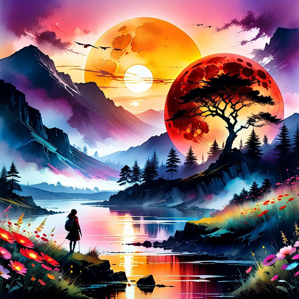 Supernatural Beings Emerge Under Blood Moon in Digital Water...