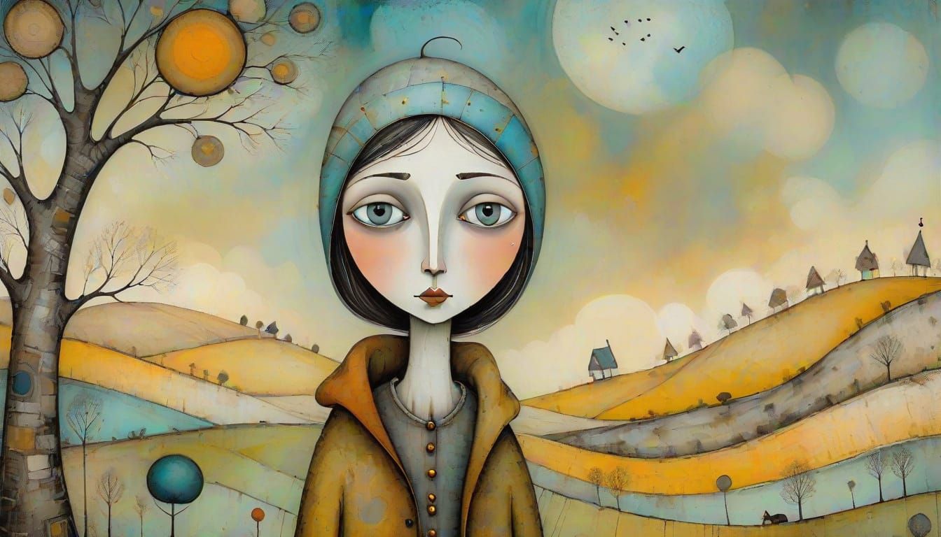 Whimsical Wanderer in Dreamlike Earthy Tones