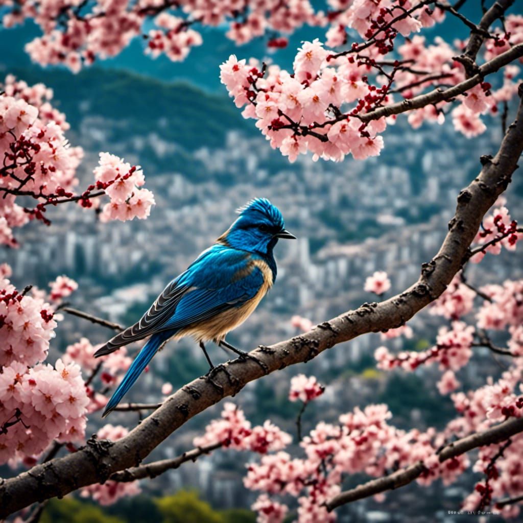 Blue Bird in Sakura Tree by Lake