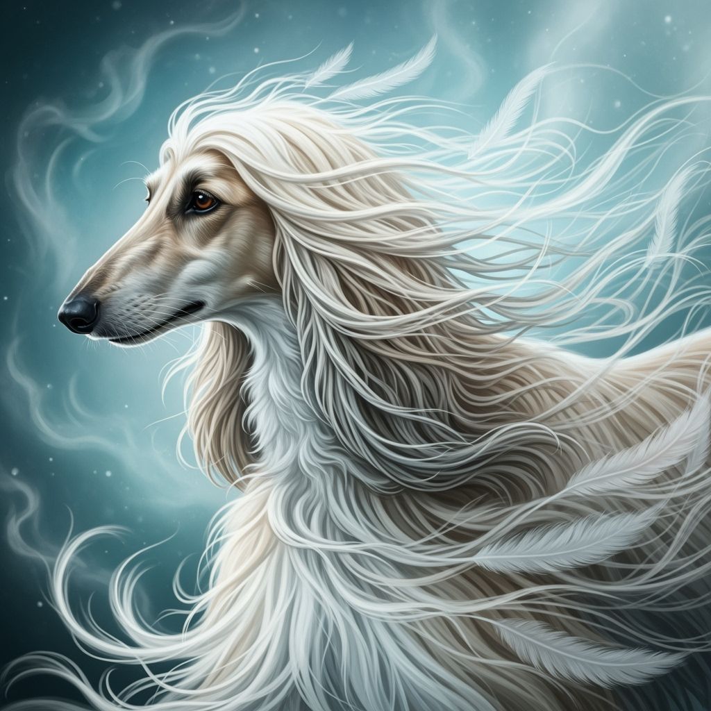 Fluffy Afghan Dog with Flowing Feathers in Misty Teal Sky