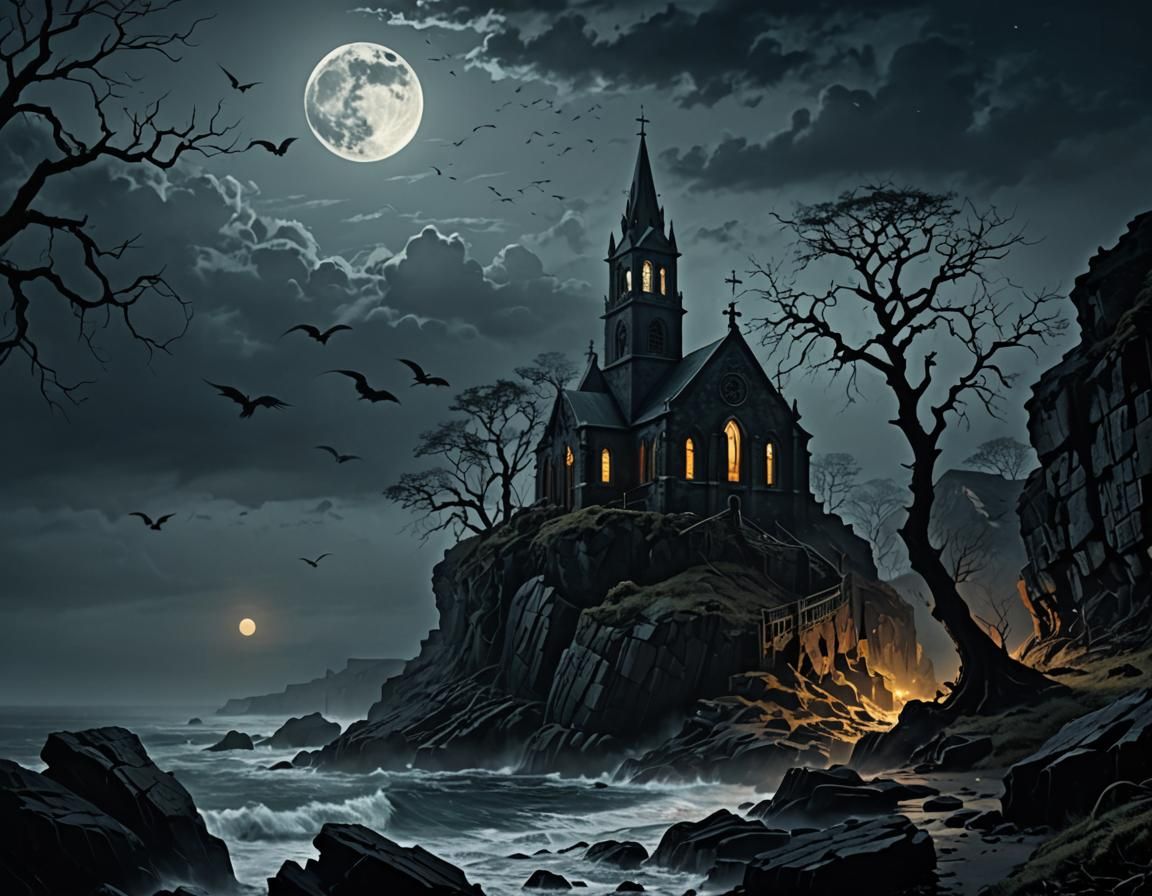 Ominous Dark Fantasy Church on Cliff Edge