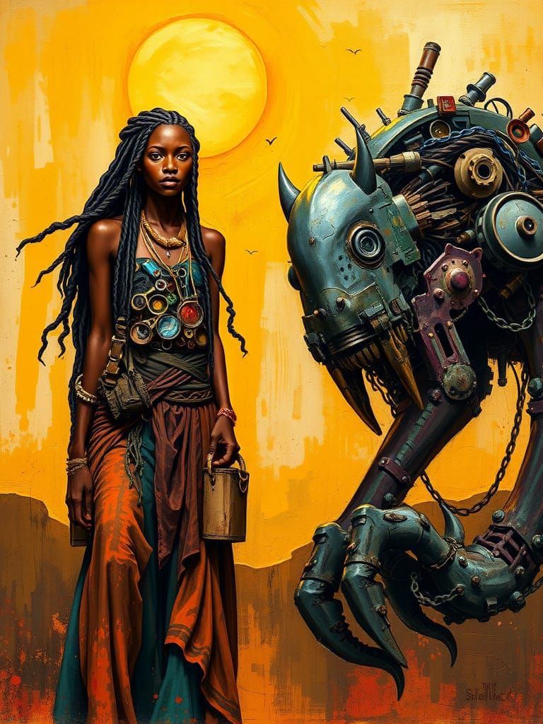 African Scavenger Beside Mechanical Beast, Oil Painting