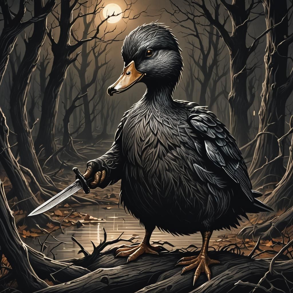 Eerie Halloween Duck with Knife in Dark Fantasy Style