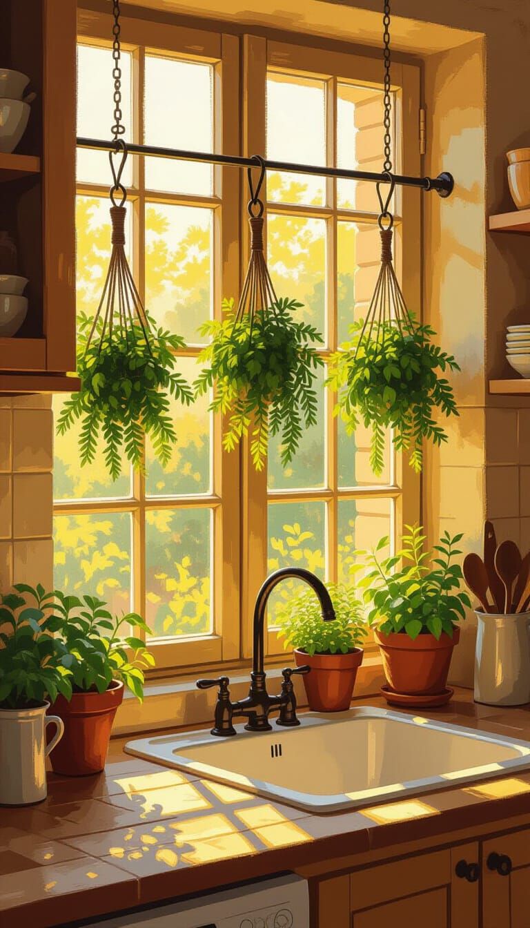 Sunlit Kitchen Herbs in Impressionistic Oil Painting Style