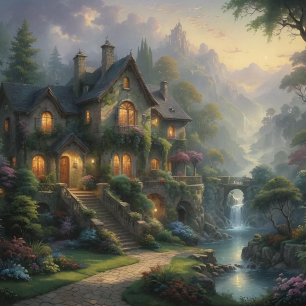 Oasis Villa: Ethereal Landscape in Kinkade Style