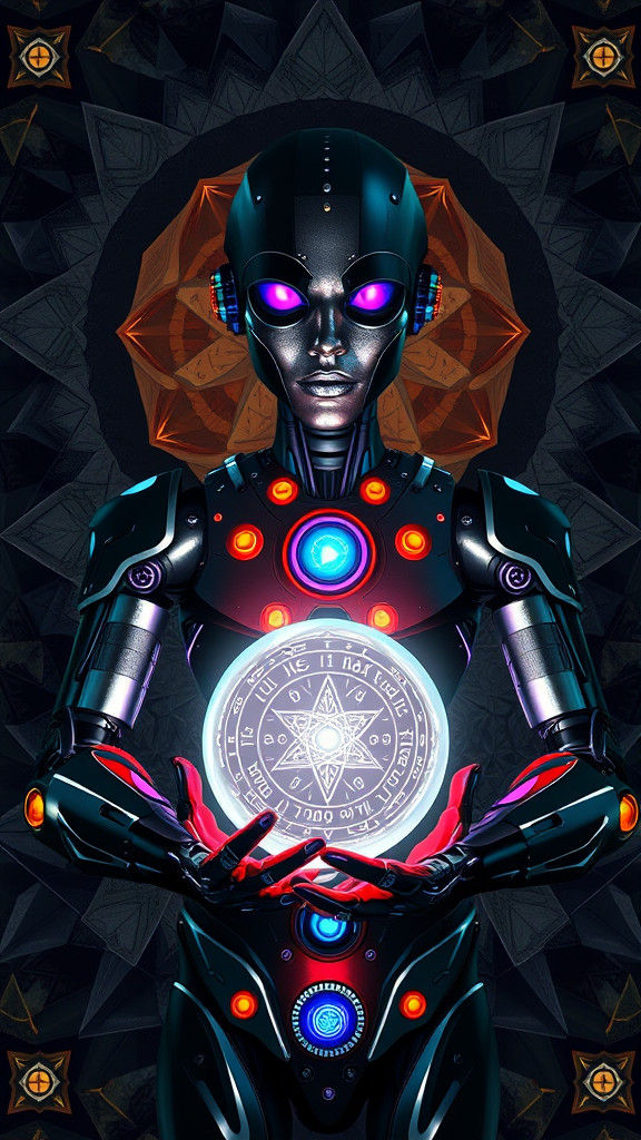 Cyberpunk Robot Fortune Teller with Crystal Ball