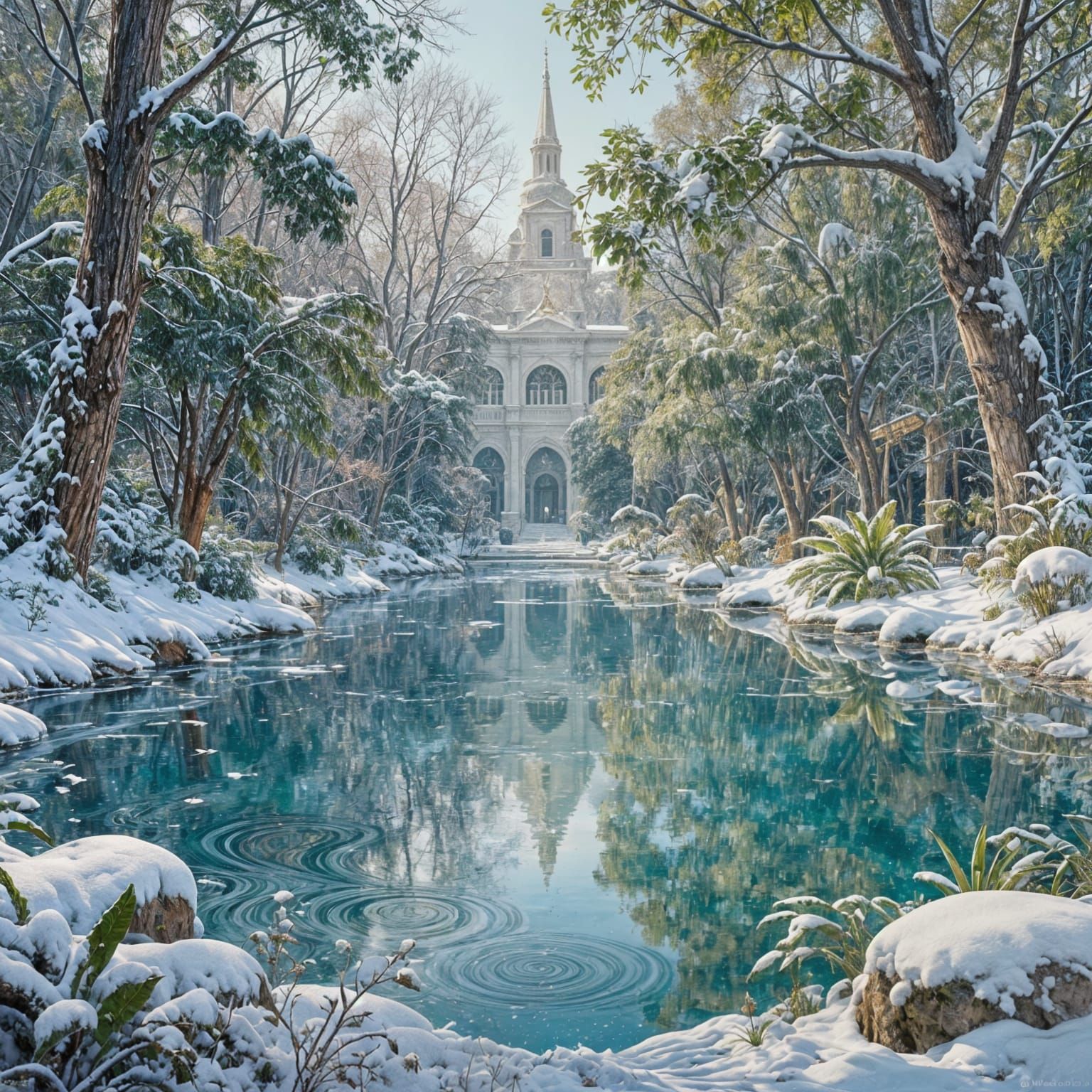 Fantastical City Park Oasis in Ethereal Winter Light
