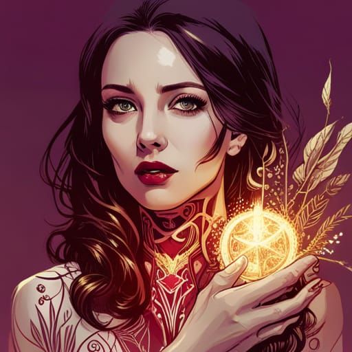 Scarlet Witch Digital Painting with Golden Outlines