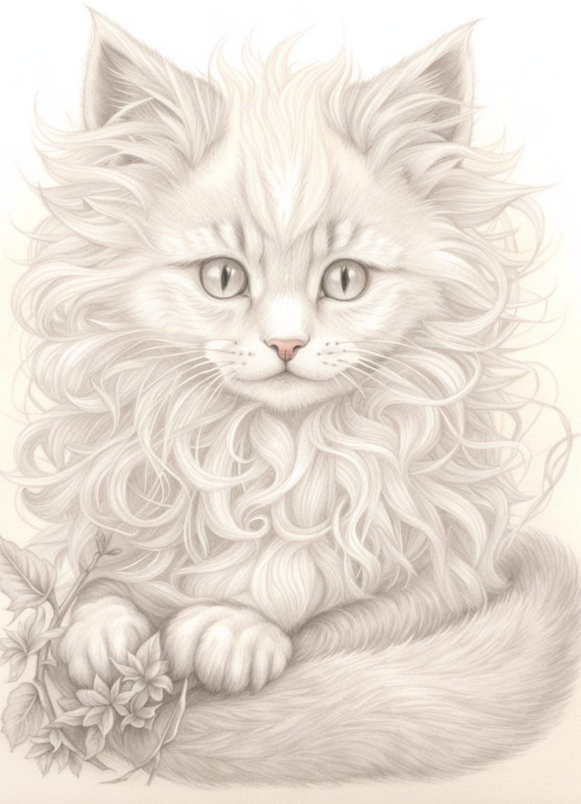 Anthropomorphic Fluffy Kitten Witch in Silverpoint Style