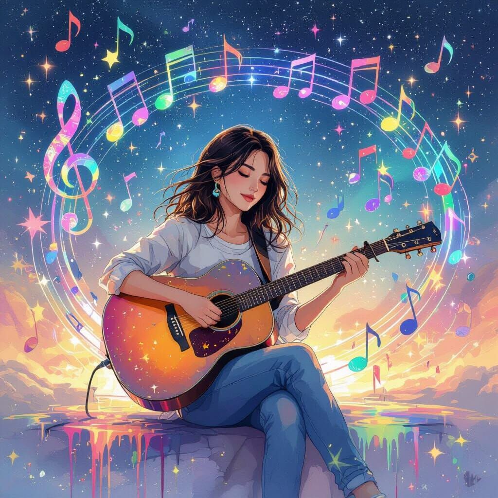 Guitarist in Rainbow Watercolor Music Dreamscape