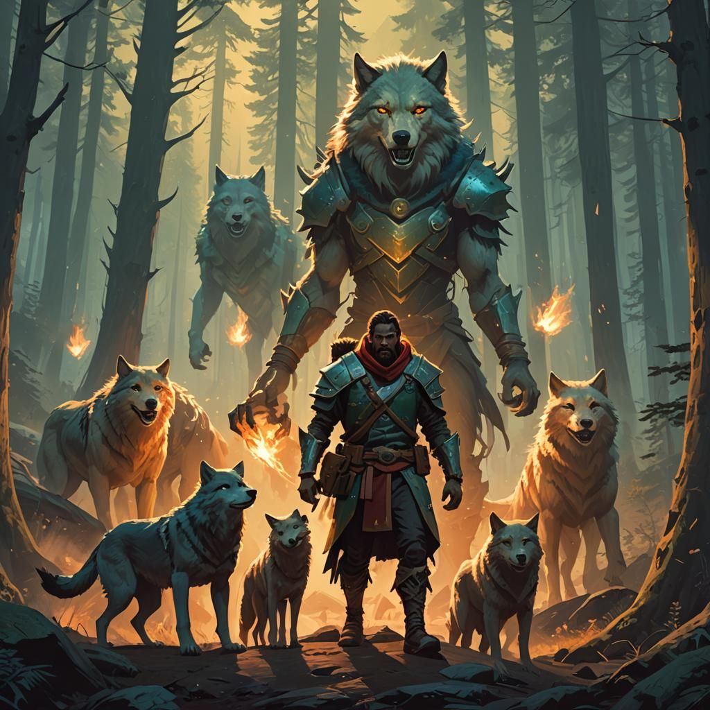 Nissa and Wolves vs Spectral Troll: Fantasy Art