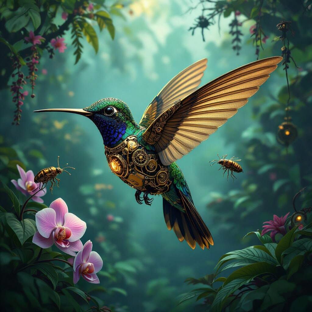 Steampunk Hummingbird in Bioluminescent Jungle, Hyper-Detail...