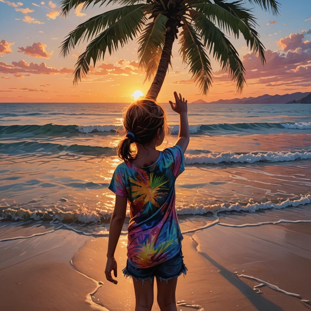 Sunset Beach with Girl: Hyperrealistic Splash Art