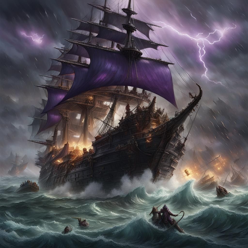 Epic Ship Battle with Sea Monsters in Dark Fantasy Style