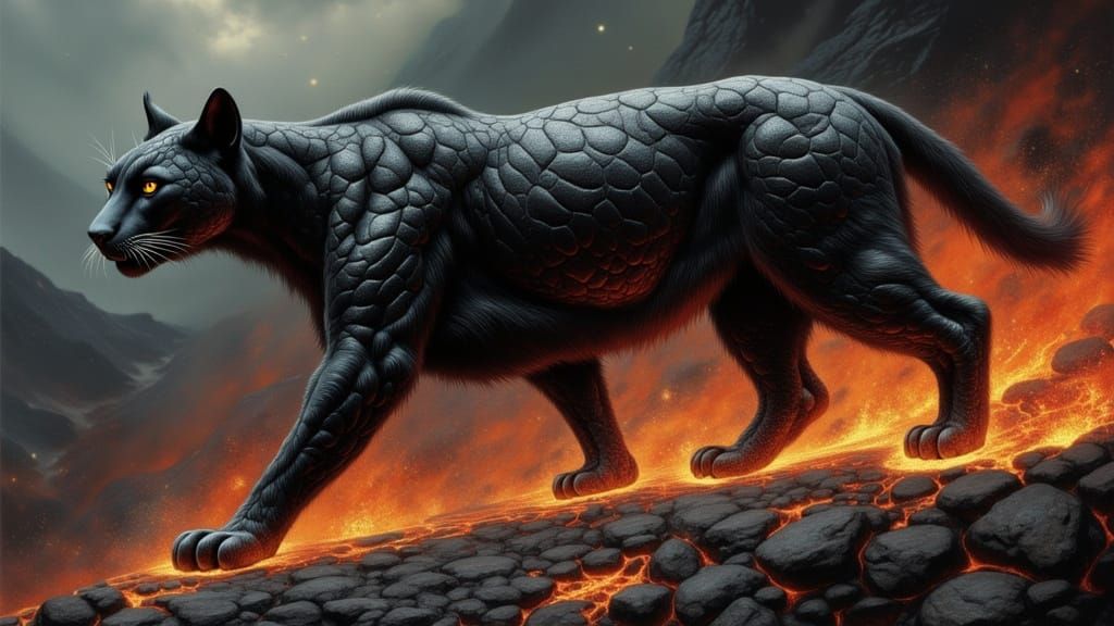 Black Cougar Cloaked in Molten Rock