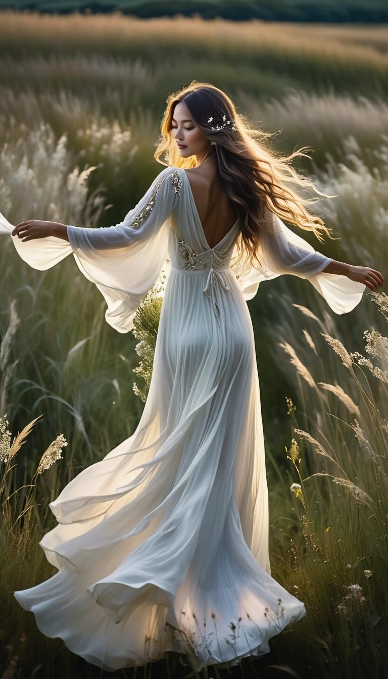 Woman Dancing in Moonlit Field, Impressionistic Style