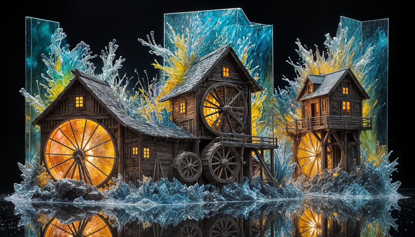 Glass Watermill Sculptures Fracturing Acrylic Brushstrokes