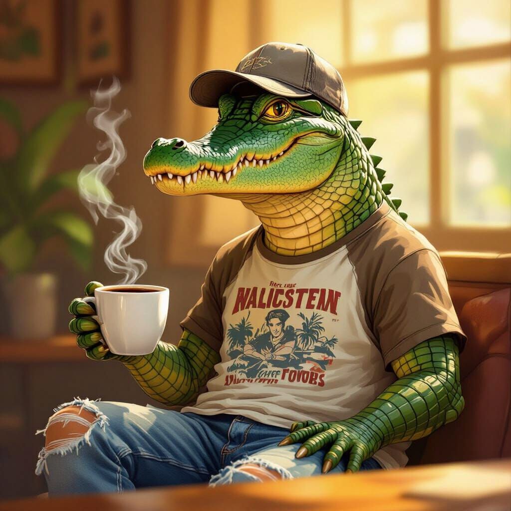 Alligator in Casual Wear Enjoying Coffee