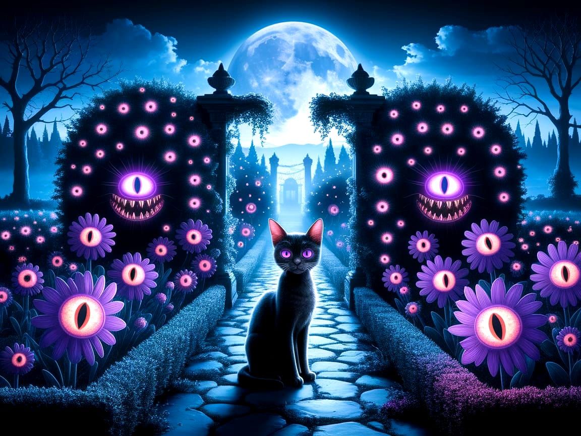 Eerie Moonlight Garden with Glowing Eyes
