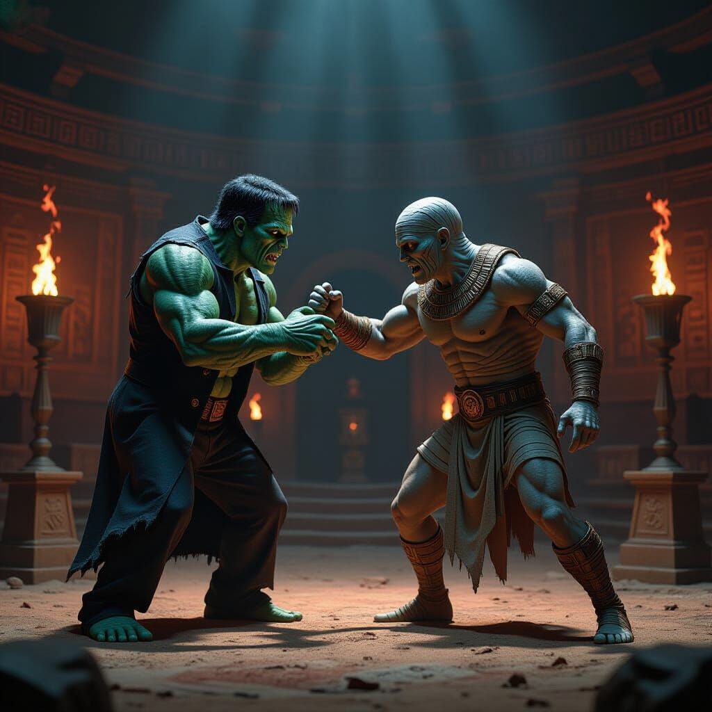 Epic Battle: Frankenstein vs Mummy in Dark Arena