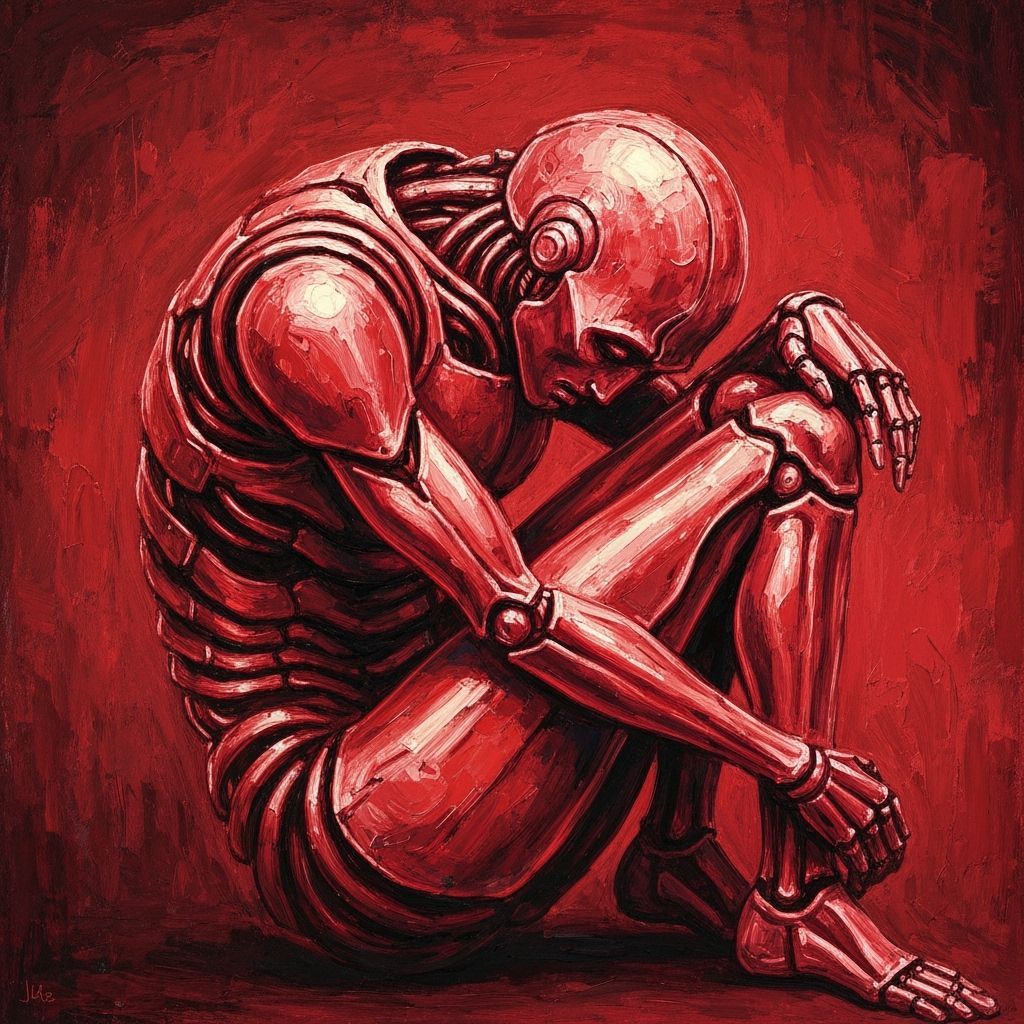 Mechanical Being in Fetal Pose Expressing Raw Emotion