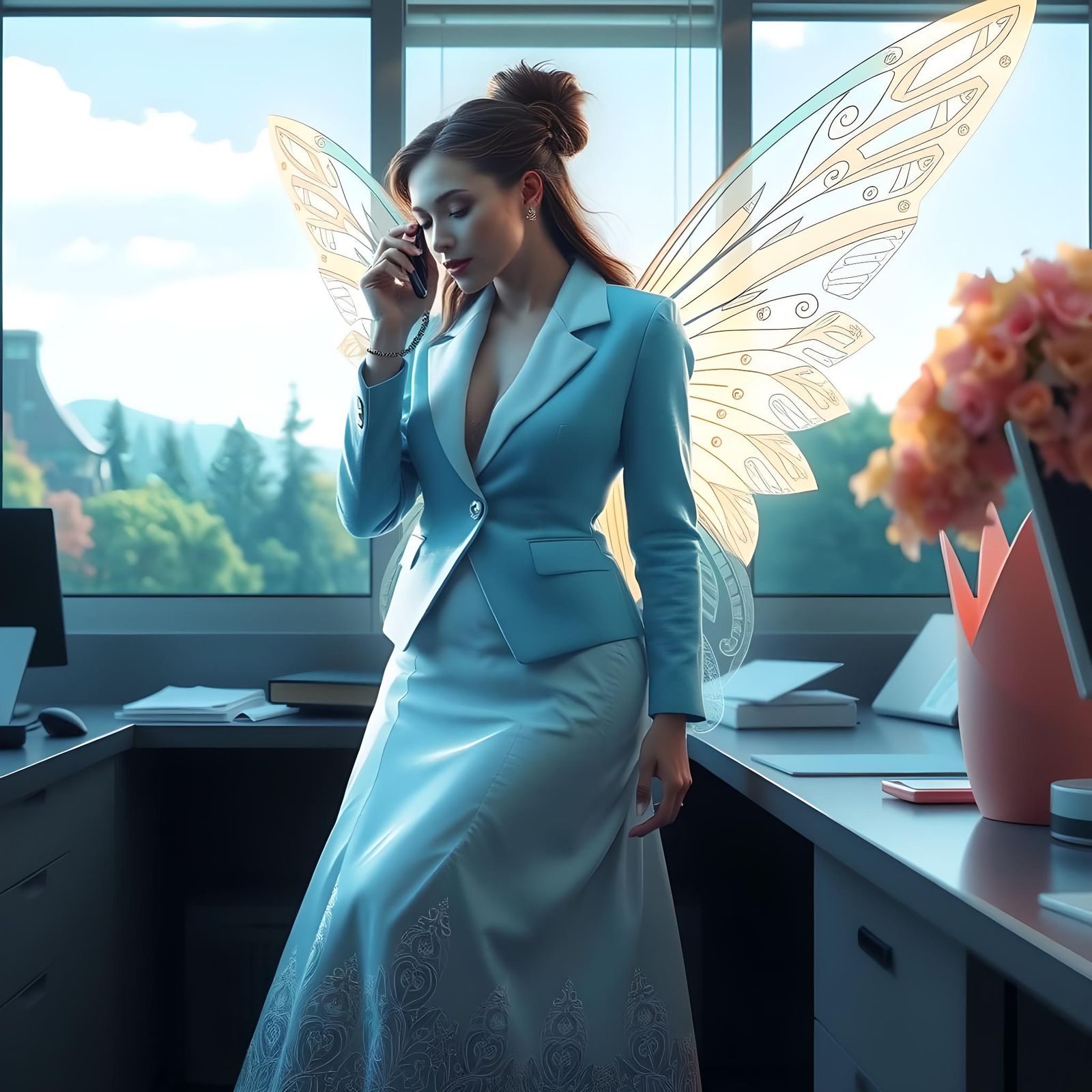 Fairy on Business Call in Office, Digital Art