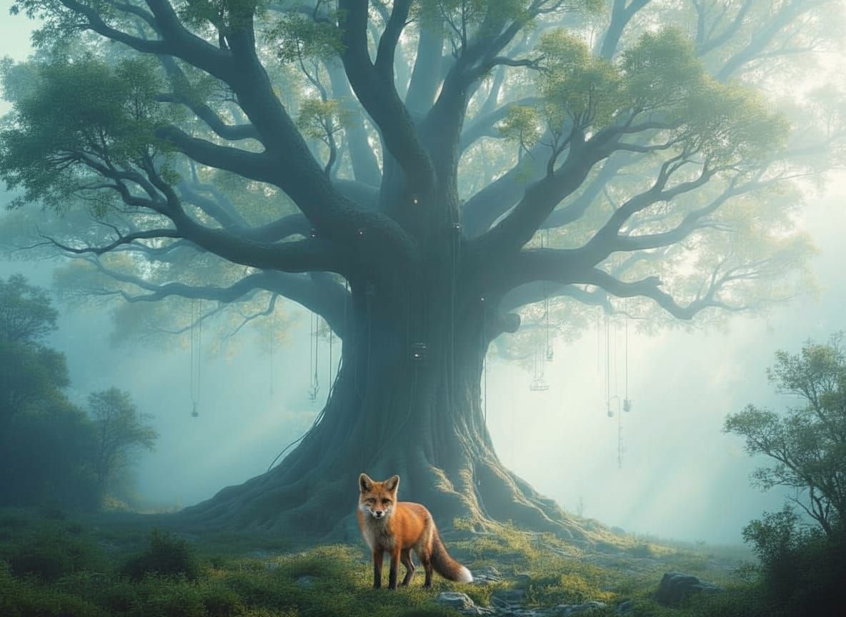 Ancient Tree with Glowing Roots in Misty Forest